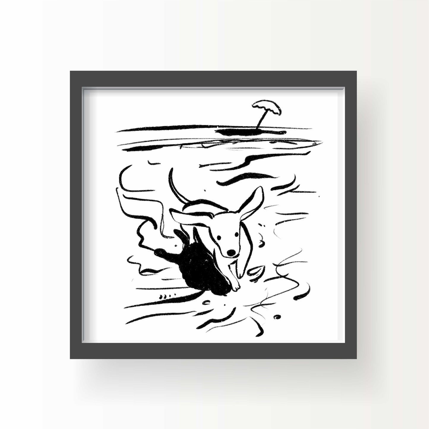 Black and white illustration of a dog running on the beach with umbrella in distance, 8x8 art print by Miss Johnny Squirrel