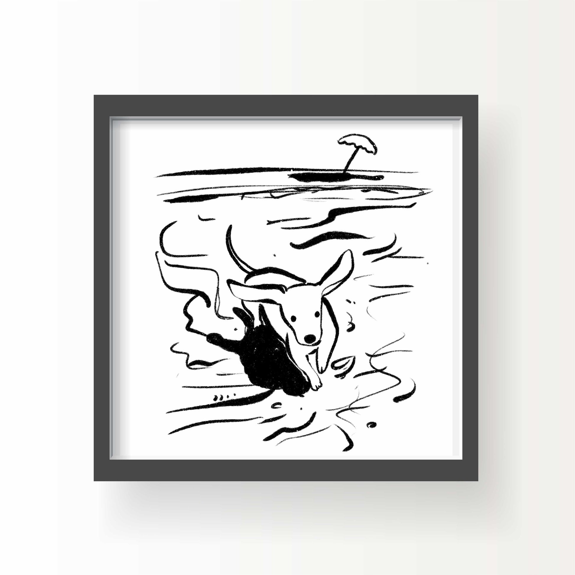 Black and white illustration of a dog running on the beach with umbrella in distance, 8x8 art print by Miss Johnny Squirrel