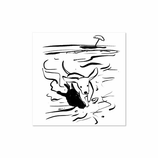 Black and white illustration of a dog running on the beach with umbrella in distance, 8x8 art print by Miss Johnny Squirrel