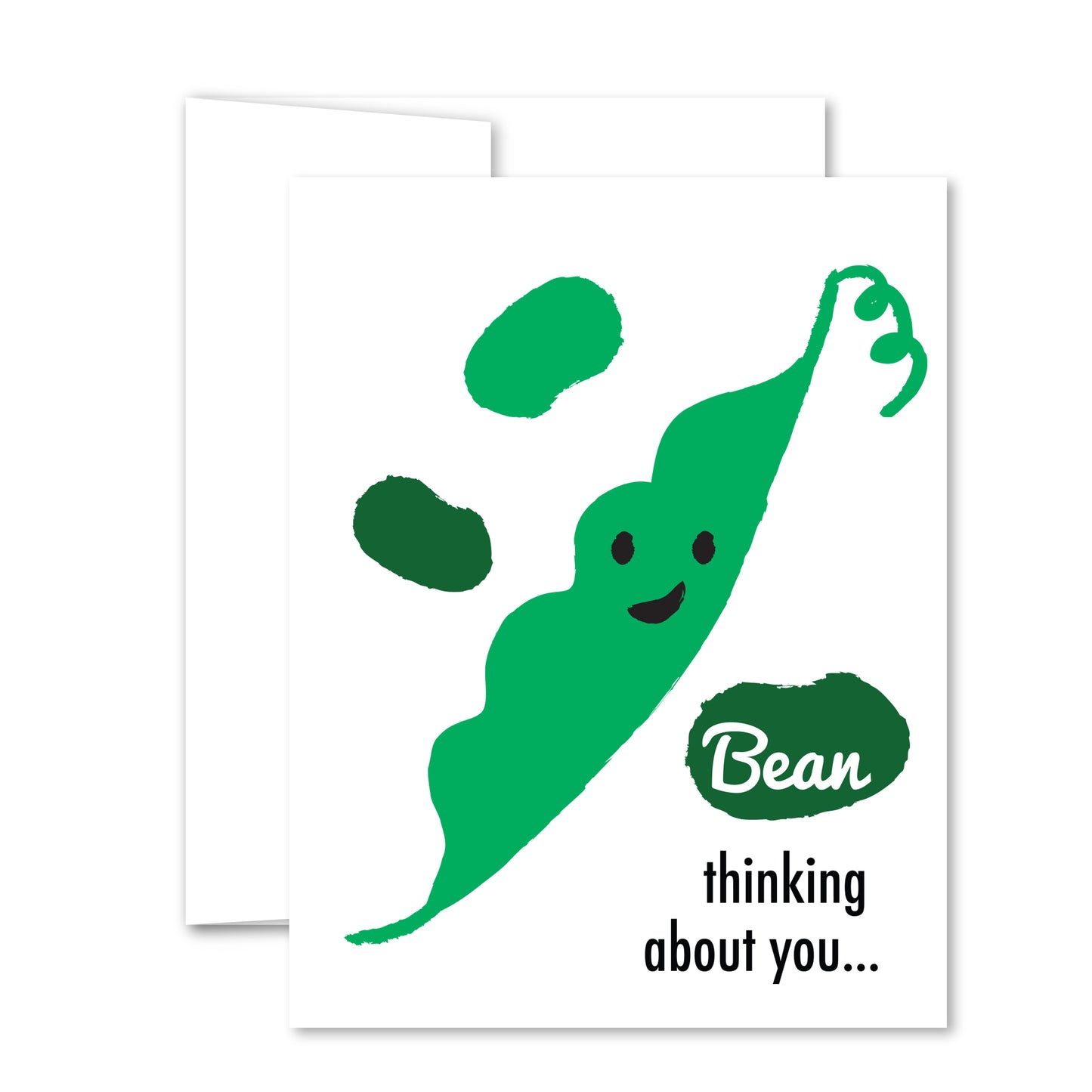 Illustrated smiling pea pod with floating beans, “Bean thinking about you” pun greeting card for friendship and encouragement