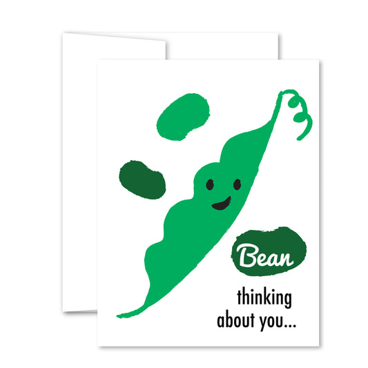 Illustrated smiling pea pod with floating beans, “Bean thinking about you” pun greeting card for friendship and encouragement