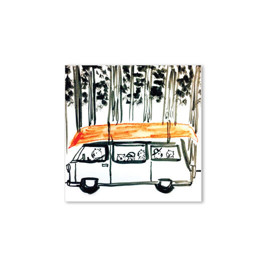 Sticker of animals riding in a van with a bright orange canoe on top, illustrated in a woodland forest scene.