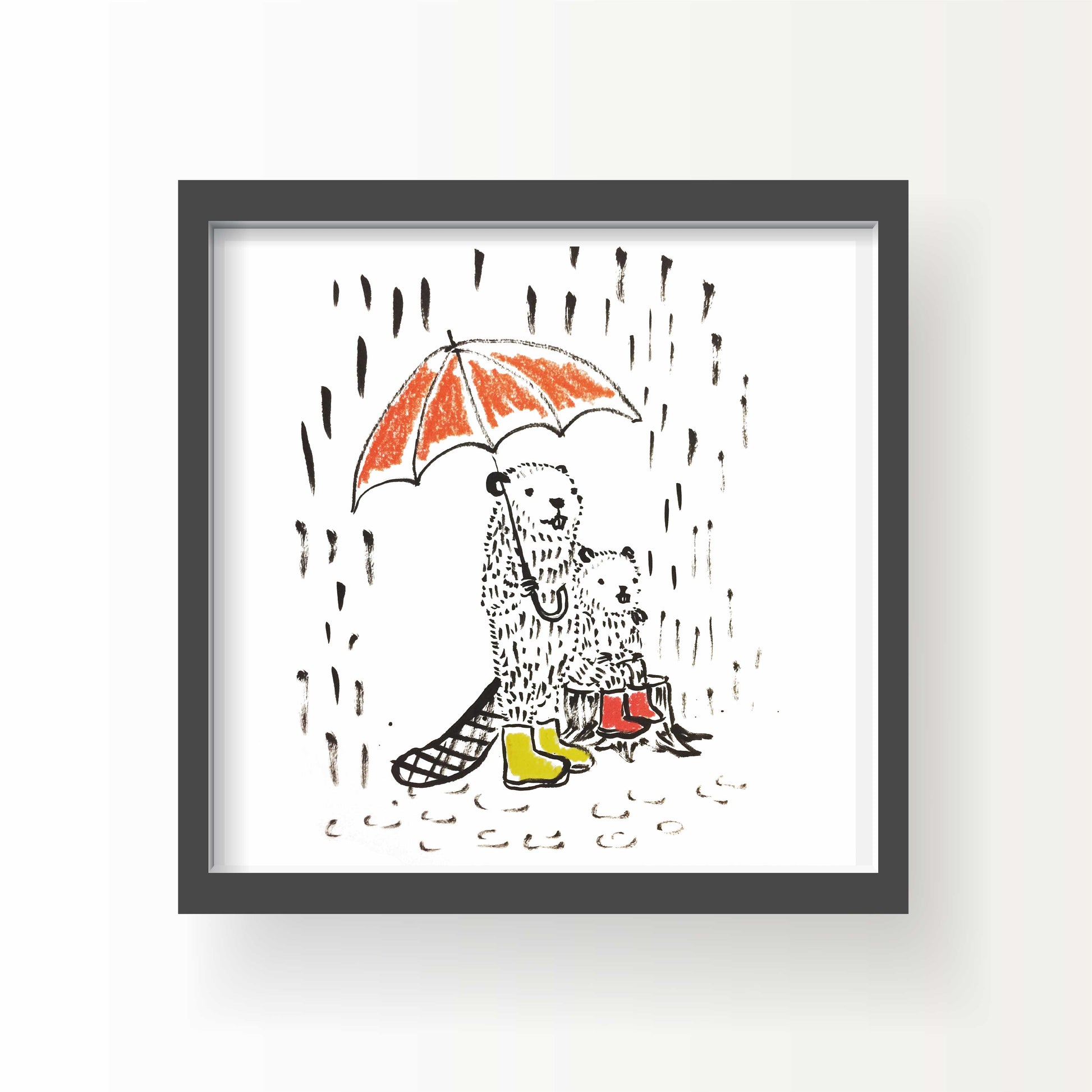 Illustration of two beavers standing in the rain under an orange umbrella wearing red and yellow boots – heartwarming 8x8 art print by Miss Johnny Squirrel