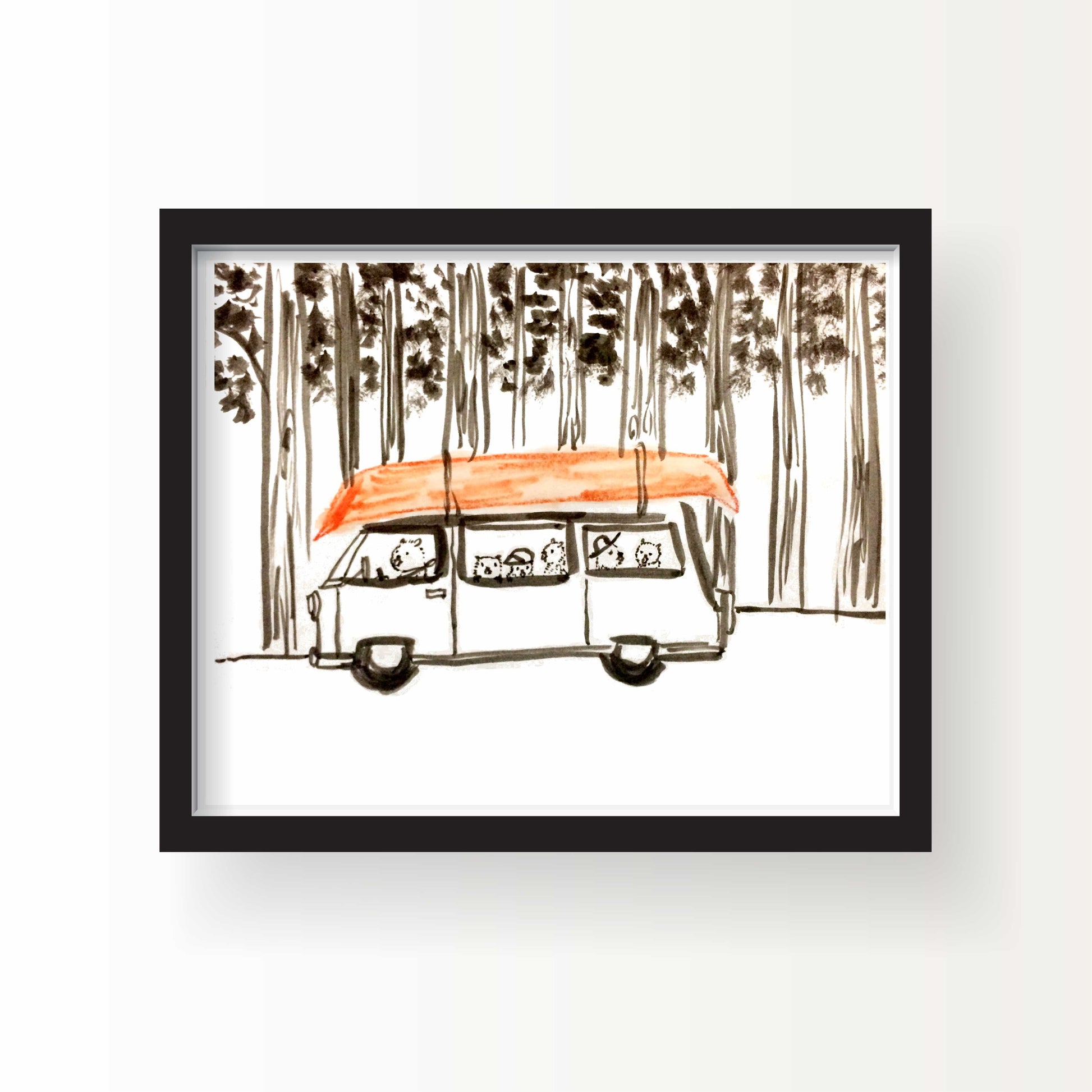Illustration of a beaver family in a van driving through tall pine trees with a bright orange canoe on the roof, drawn in ink and watercolor.