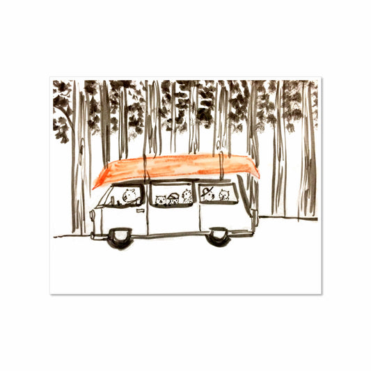 Illustration of a beaver family in a van driving through tall pine trees with a bright orange canoe on the roof, drawn in ink and watercolor.