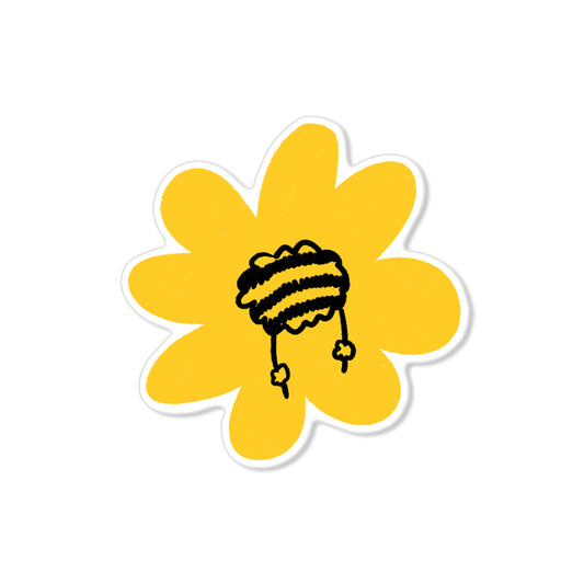 Bee butt sticker with yellow flower background and striped bee bottom, humorous hand-drawn illustration