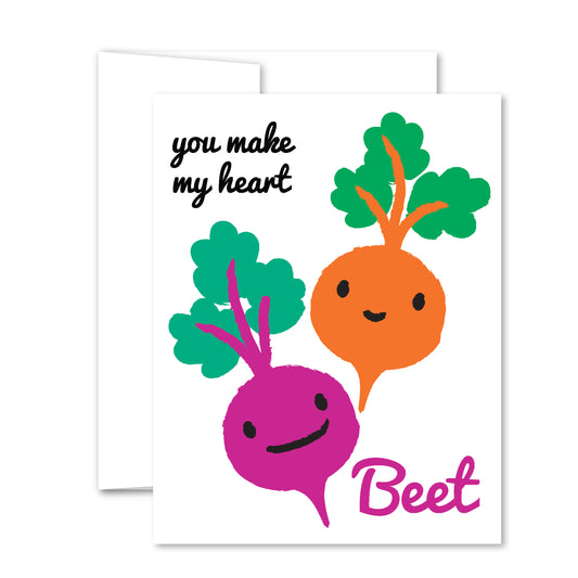Beet Love Greeting Card with illustrated smiling beet and turnip, playful pun design for love and affection