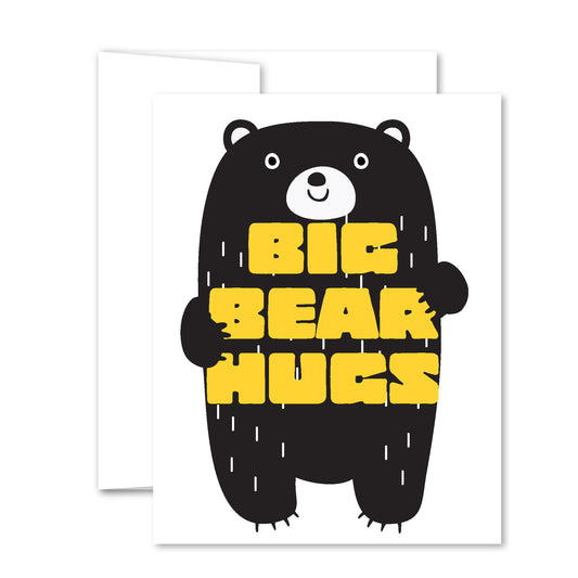 Illustrated black bear holding bold yellow “Big Bear Hugs” lettering, friendship and encouragement greeting card