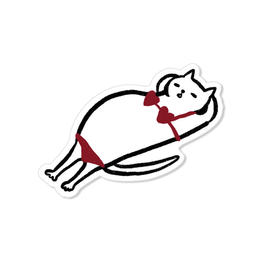 Bikini cat sticker with lounging white cat in red bikini, hand-drawn humorous illustration