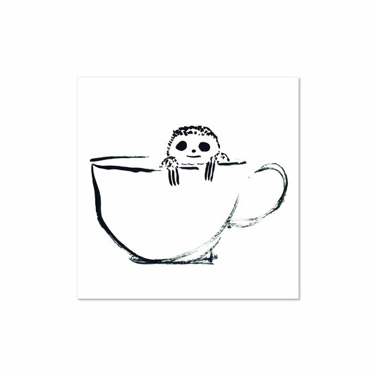 Black ink illustration of a small sloth peeking over the rim of a large coffee cup, drawn with loose brush strokes on a white background.