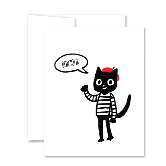 Illustrated black cat wearing striped shirt and red beret saying “Bonjour,” whimsical friendship greeting card