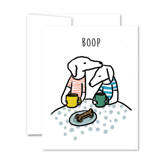 Illustrated two dogs in striped shirts with coffee mugs, one booping the other’s nose, “Boop” friendship greeting card