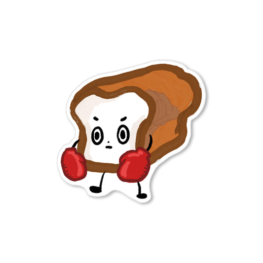 Sticker of a slice of bread wearing red boxing gloves, funny food illustration.