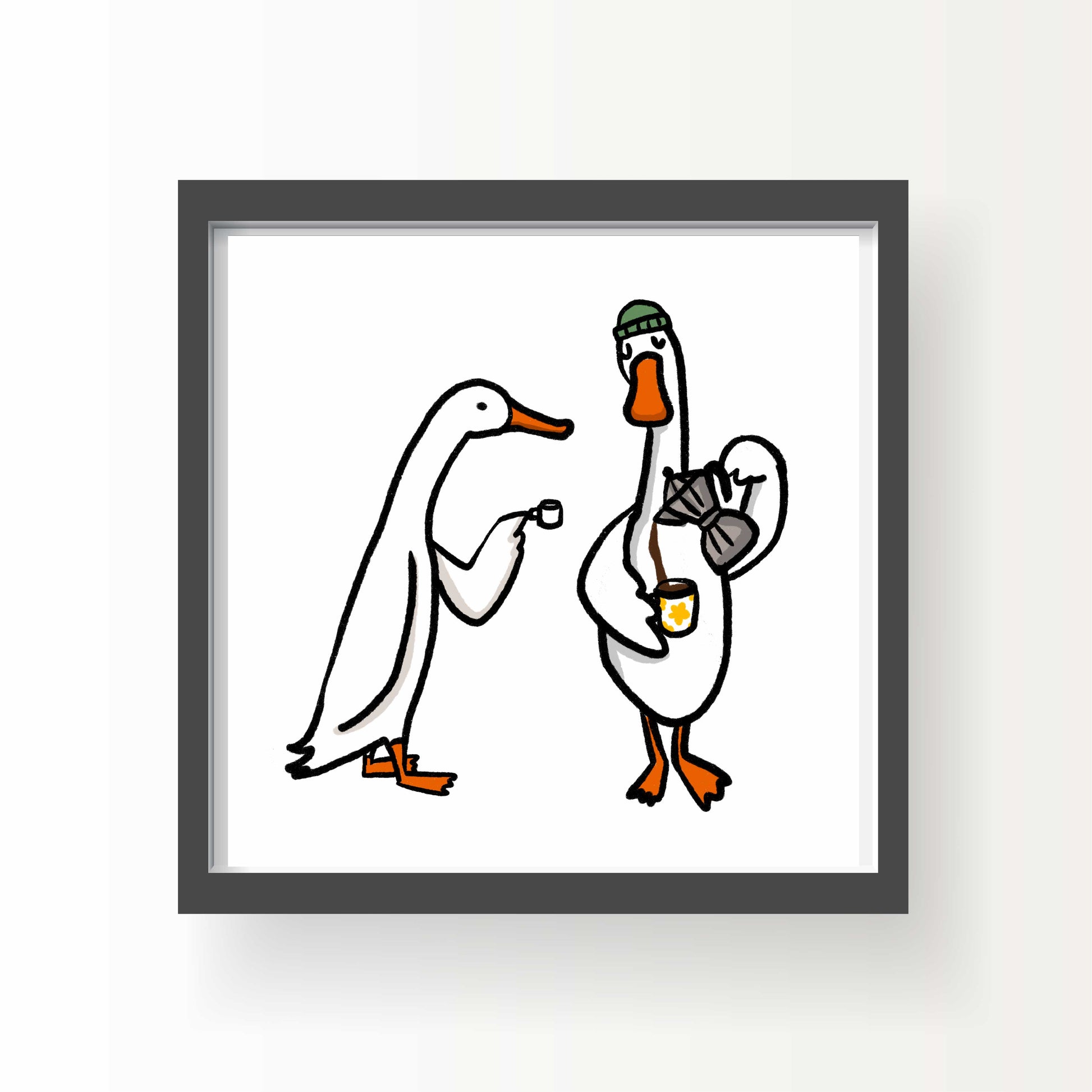 Illustrated ducks sipping coffee, one with a satchel and beanie, sharing a café moment – quirky and cozy 8x8 art print by Miss Johnny Squirrel