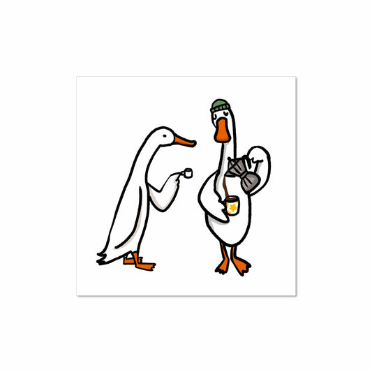 Illustrated ducks sipping coffee, one with a satchel and beanie, sharing a café moment – quirky and cozy 8x8 art print by Miss Johnny Squirrel