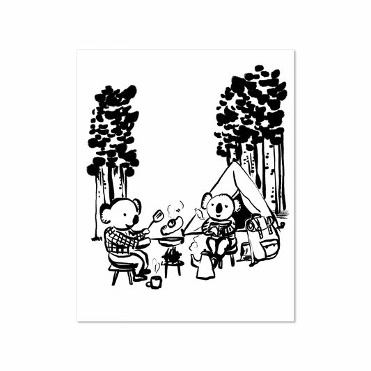 Black and white illustration of two koalas sitting at a campfire with a tent and pine trees behind them, roasting food and sipping from mugs in a forest setting.