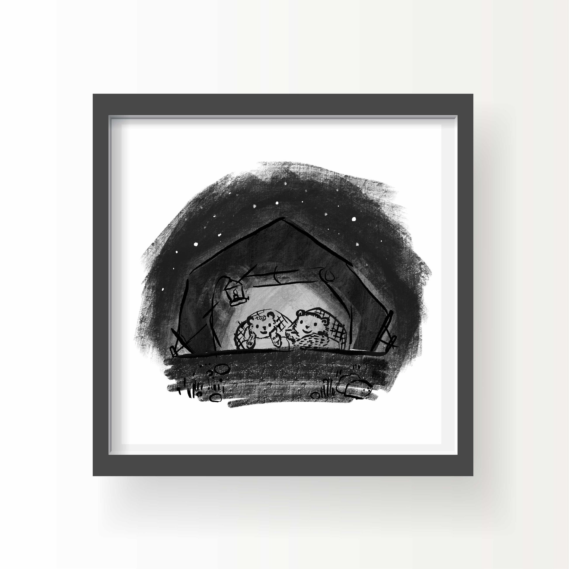 Illustration of two bears wrapped in blankets, sitting inside a tent or shelter lit by lanternlight under a starry night sky, in black and white ink style.