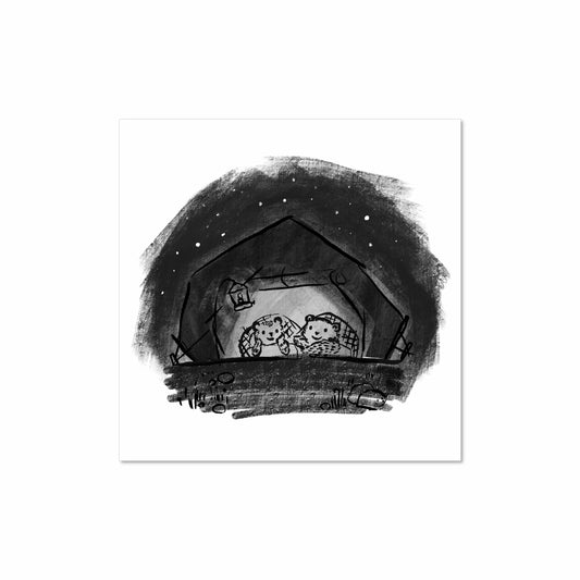 Illustration of two bears wrapped in blankets, sitting inside a tent or shelter lit by lanternlight under a starry night sky, in black and white ink style.