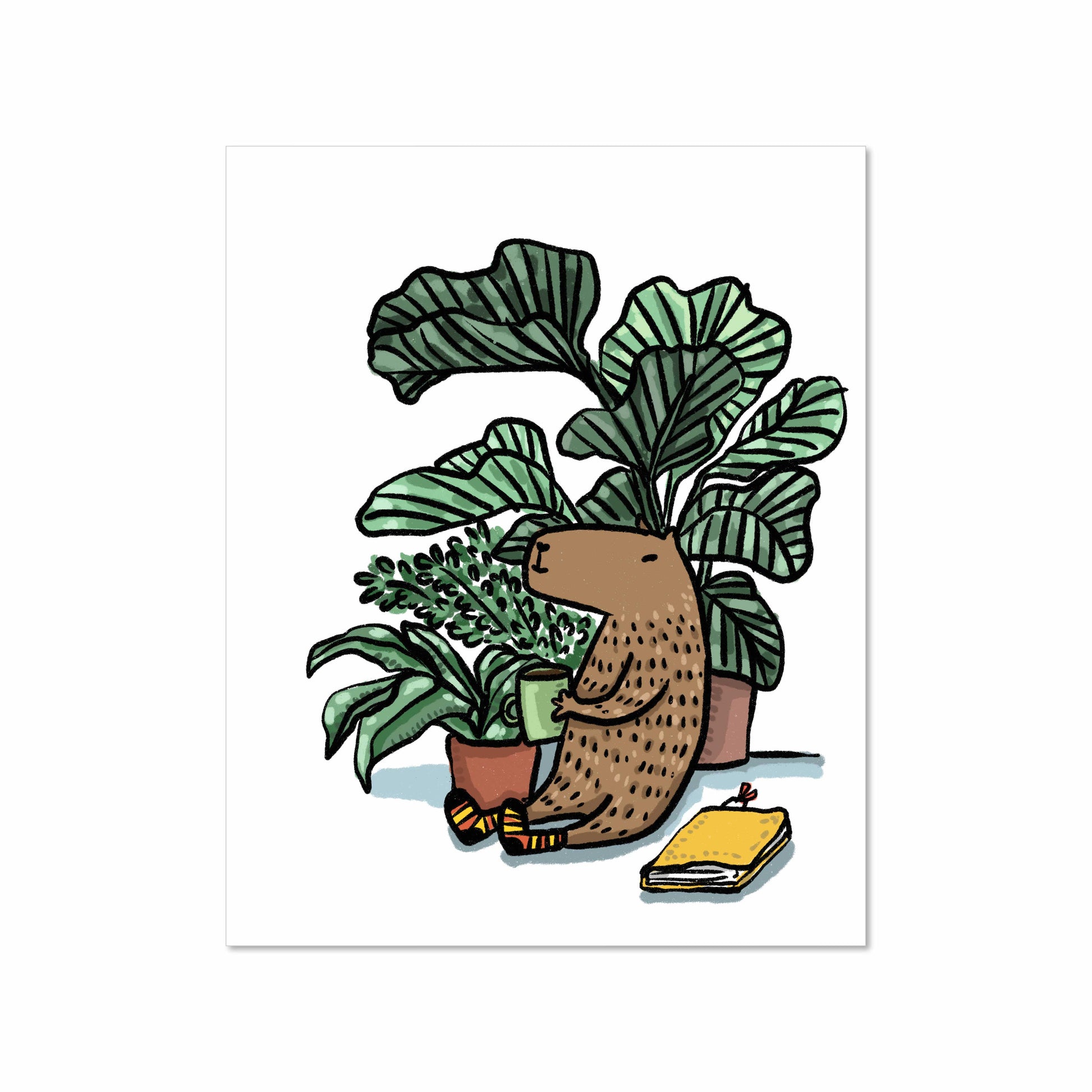 Illustration of a capybara sitting among houseplants holding a coffee mug, with cozy socks and a yellow notebook beside, 8x10 art print by Miss Johnny Squirrel
