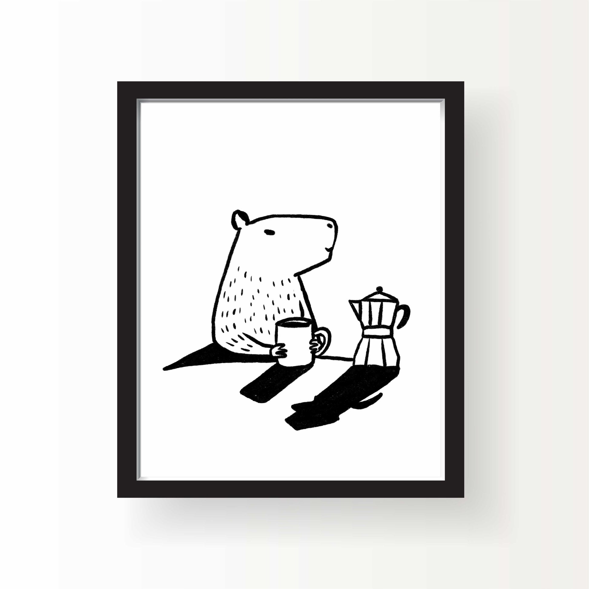 Black-and-white illustration of a capybara sitting with a coffee mug and moka pot on a white background, with long cast shadows.