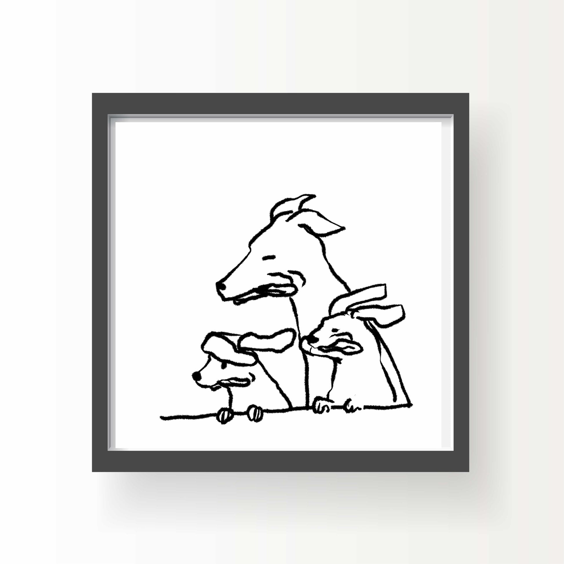 Minimal line drawing of three dogs leaning out a car window, ears back in the wind, 8x8 art print by Miss Johnny Squirrel