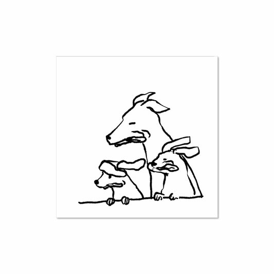 Minimal line drawing of three dogs leaning out a car window, ears back in the wind, 8x8 art print by Miss Johnny Squirrel
