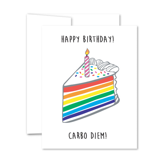 Birthday greeting card with rainbow cake slice illustration, candle, and “Carbo Diem” text