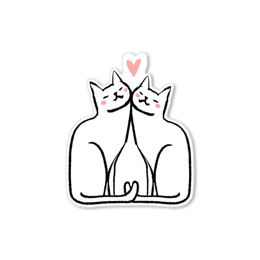 Illustrated cat love sticker with two cats leaning together, tails in a heart, playful animal art by Miss Johnny Squirrel.