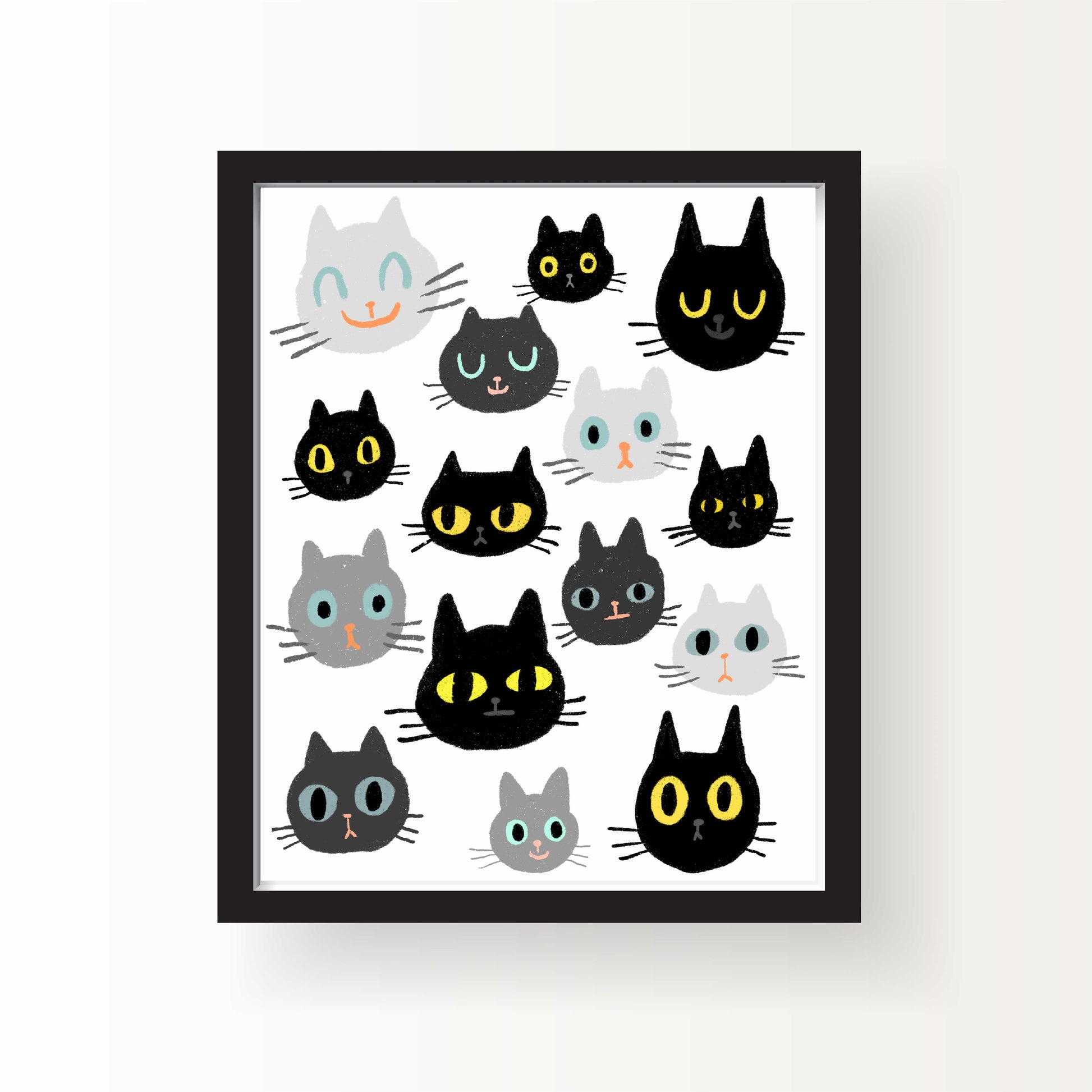 Illustrated cat faces in various colors and expressions, 8x10 art print by Miss Johnny Squirrel