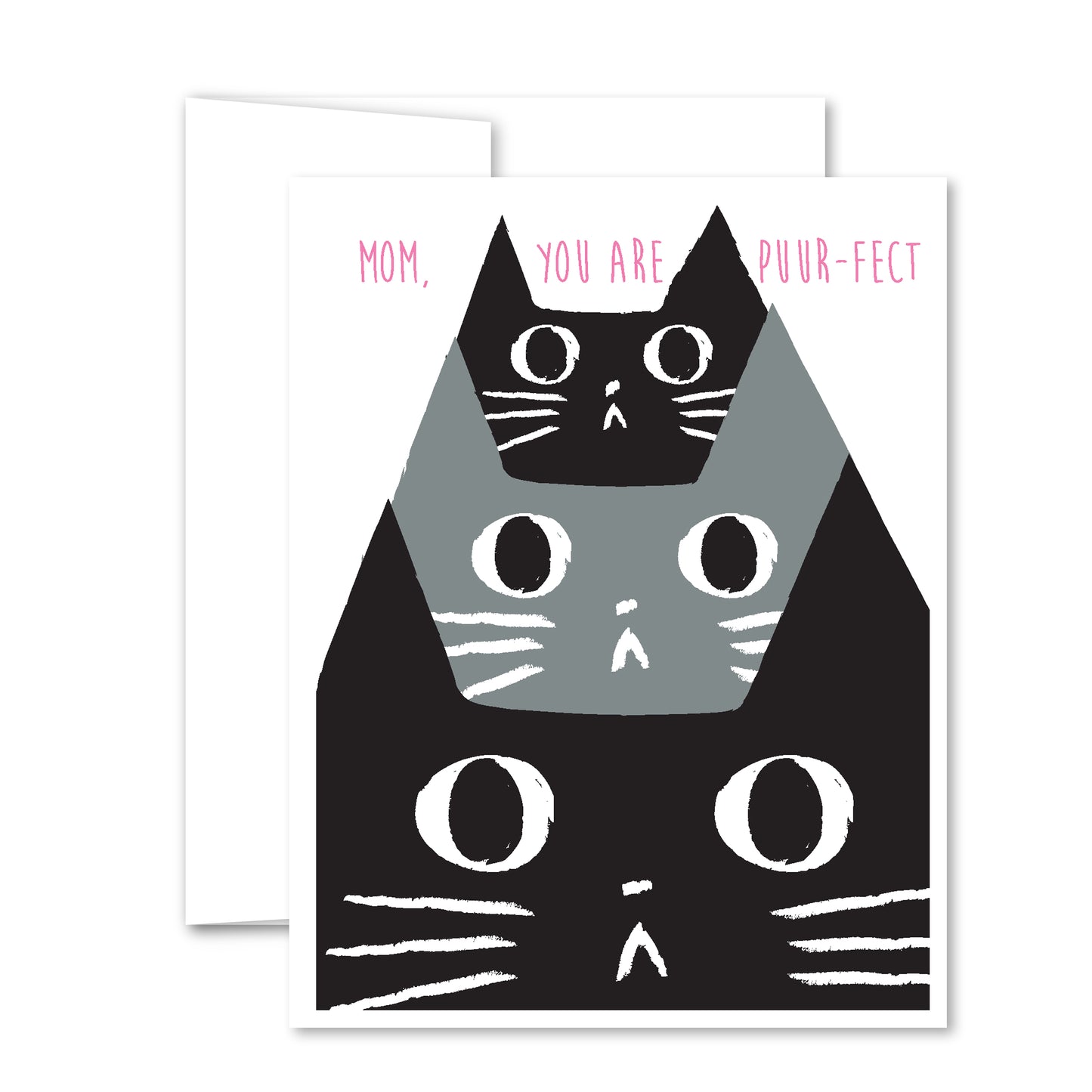 Mother’s Day cat greeting card with trio of whiskered faces and “Mom, you are puuur-fect” text in pink