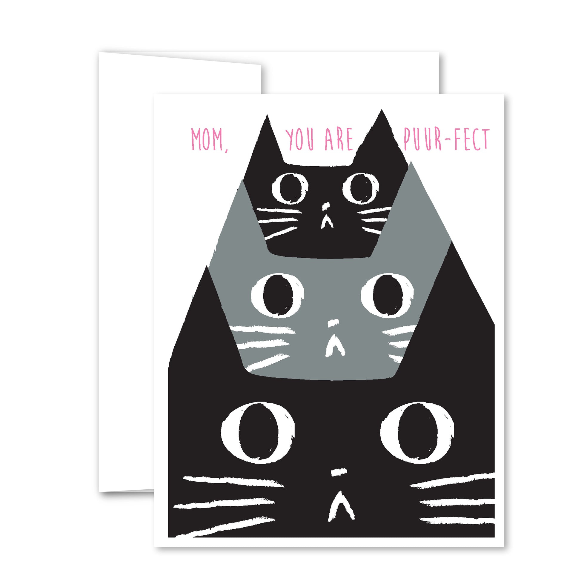 Mother’s Day cat greeting card with trio of whiskered faces and “Mom, you are puuur-fect” text in pink