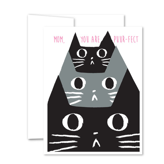 Mother’s Day cat greeting card with trio of whiskered faces and “Mom, you are puuur-fect” text in pink