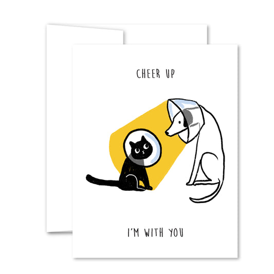 Greeting card with illustrated cat and dog in protective cones, dog’s cone casting yellow light on cat, with text “Cheer Up I’m With You.”