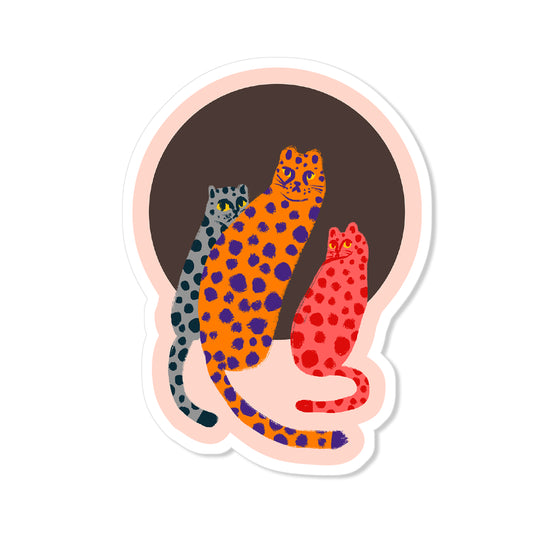 Whimsical cheetah family sticker with three colorful spotted cats, hand-drawn illustration