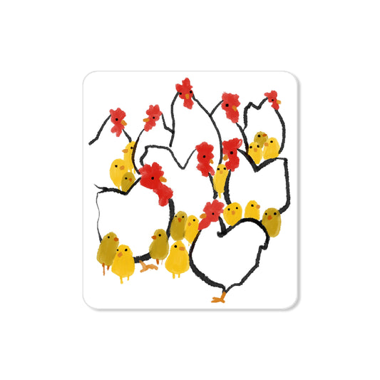 Whimsical chickens and chicks sticker, playful hand-drawn barnyard illustration
