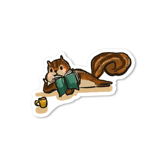 Reading chipmunk sticker with chipmunk holding open book and coffee cup, cozy woodland illustration