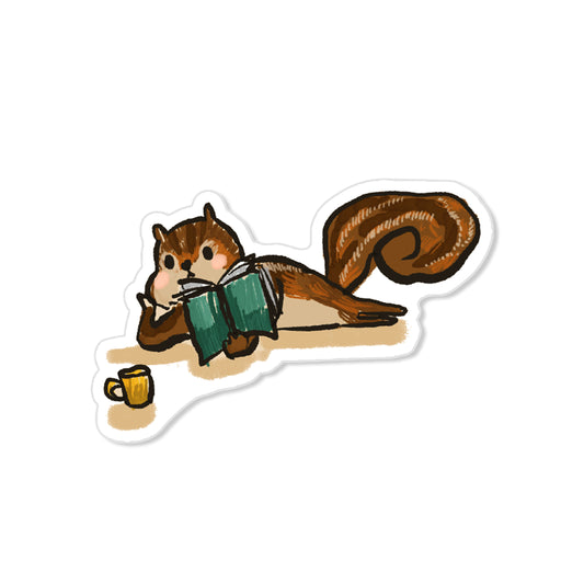 Reading chipmunk sticker with book and yellow coffee mug, hand-drawn cozy illustration