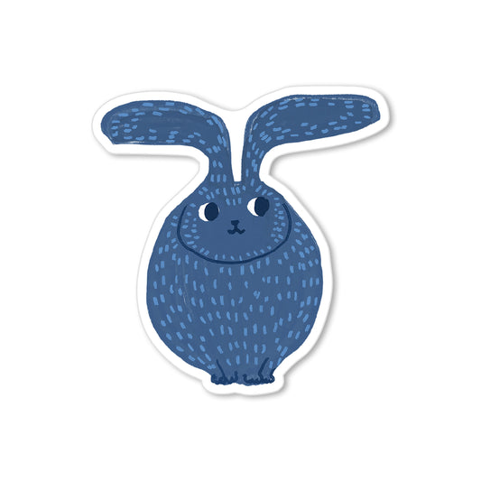 Sticker of a round blue bunny with long ears, whimsical illustrated animal design.