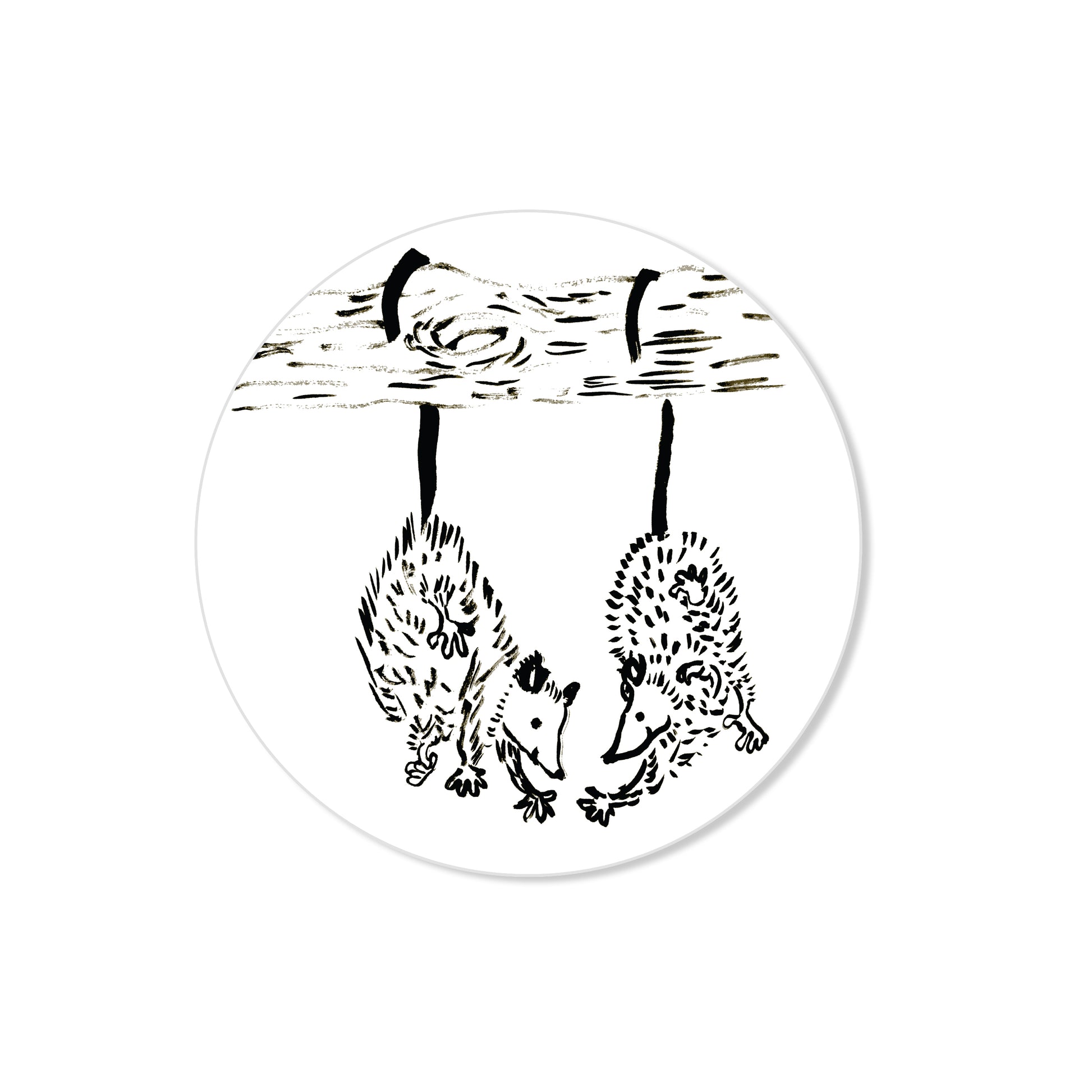 Opossum friends sticker with two opossums hanging by tails from branch, hand-drawn circle illustration