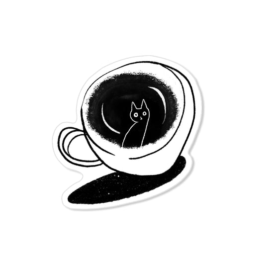 Coffee black cat sticker with cat silhouette in coffee cup, hand-drawn illustration