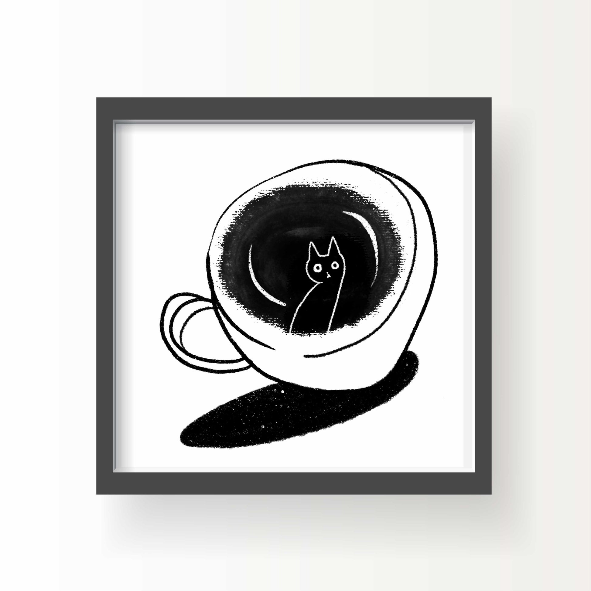 Minimal black and white illustration of a cat floating in a coffee cup, 8x8 art print by Miss Johnny Squirrel