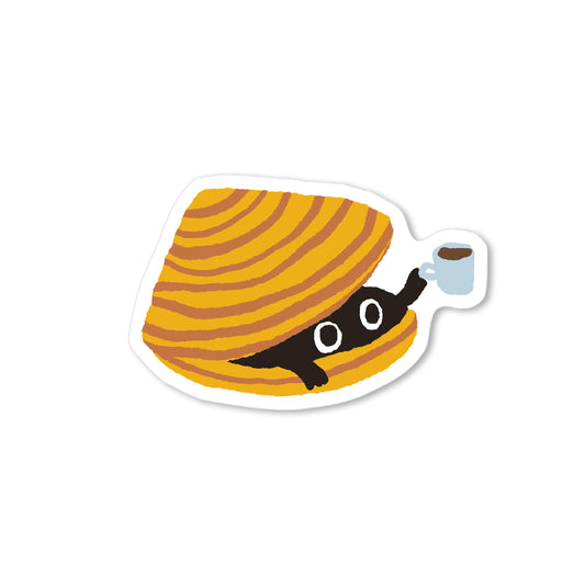 Hand-drawn clam peeking from a golden striped shell and holding a blue cup of coffee in a whimsical morning illustration.