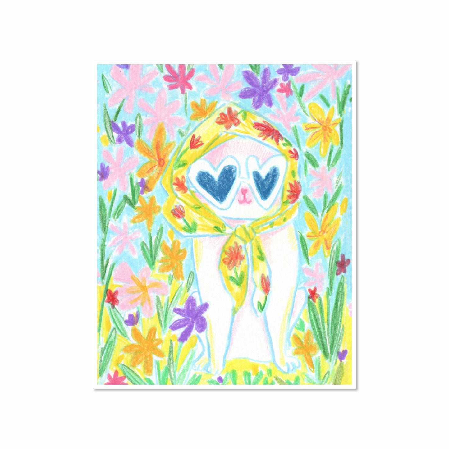 Colorful drawing of a white cat wearing heart sunglasses and a yellow floral scarf, surrounded by bright pastel flowers, 8x10 art print