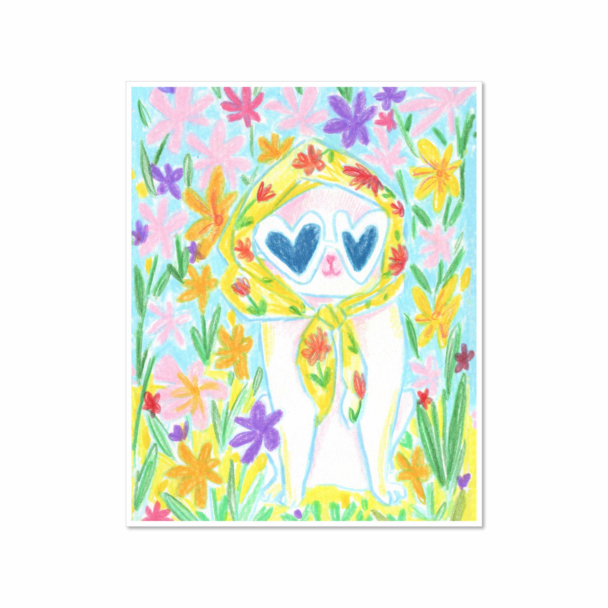 Colorful drawing of a white cat wearing heart sunglasses and a yellow floral scarf, surrounded by bright pastel flowers, 8x10 art print