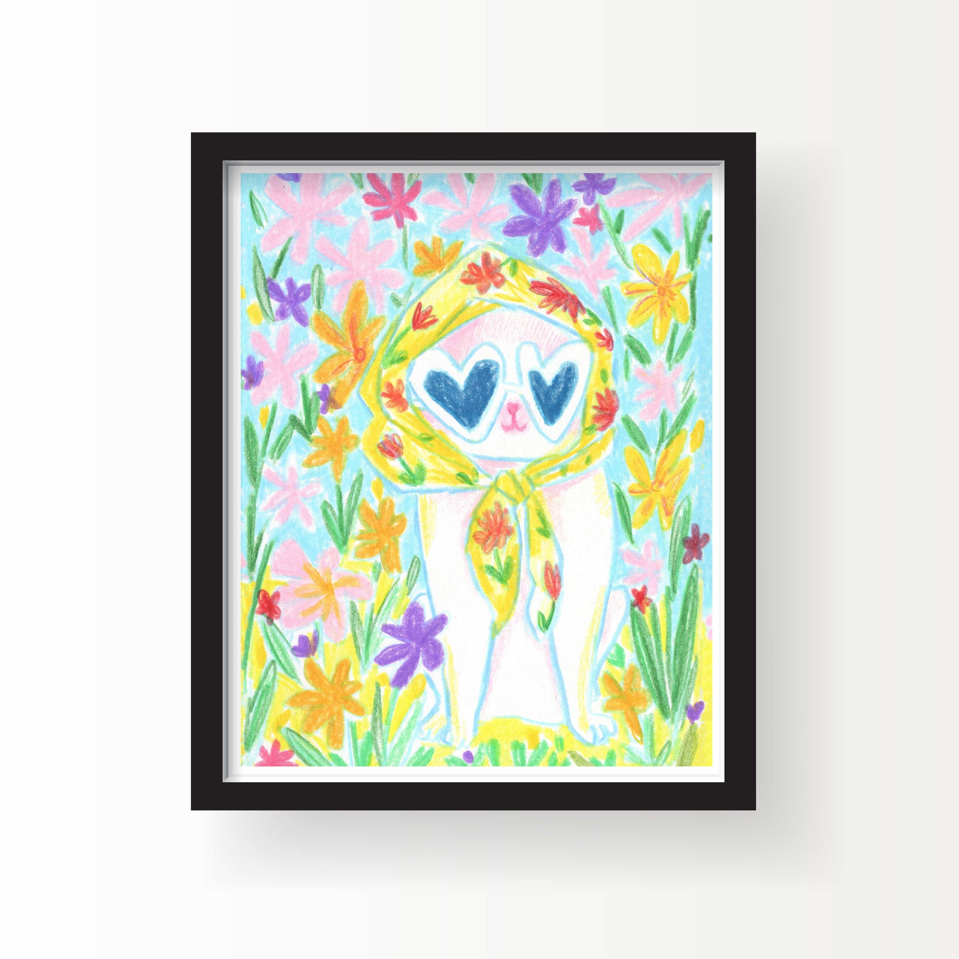 Colorful drawing of a white cat wearing heart sunglasses and a yellow floral scarf, surrounded by bright pastel flowers, 8x10 art print