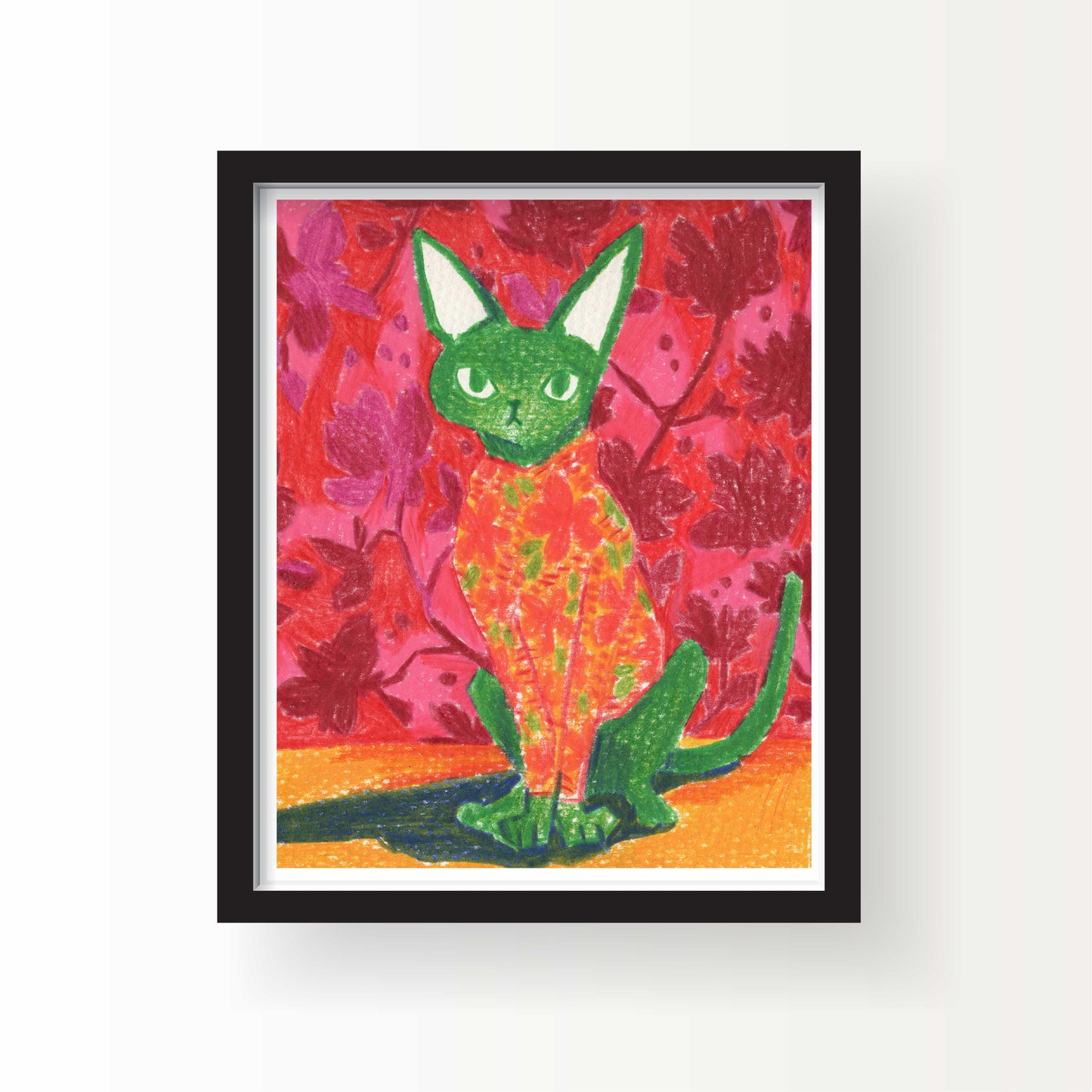 Color pencil drawing of a green cat in a bright floral sweater, seated in front of a deep red floral background, 8x10 art print