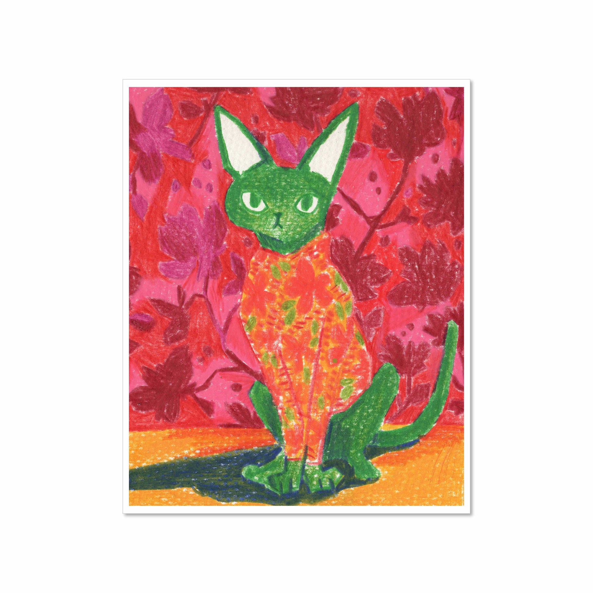 Color pencil drawing of a green cat in a bright floral sweater, seated in front of a deep red floral background, 8x10 art print
