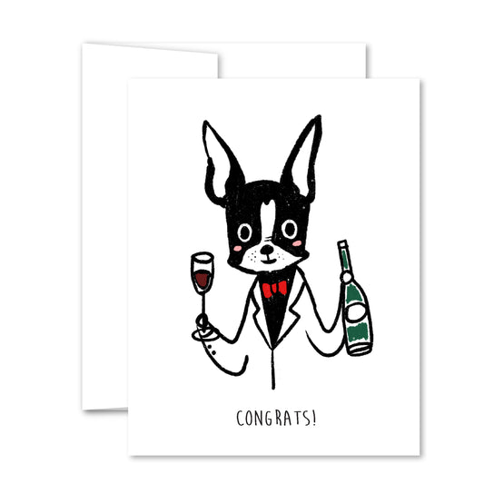 Illustrated dog in tuxedo with wine glass and champagne bottle, “Congrats!” greeting card for celebrations and milestones

