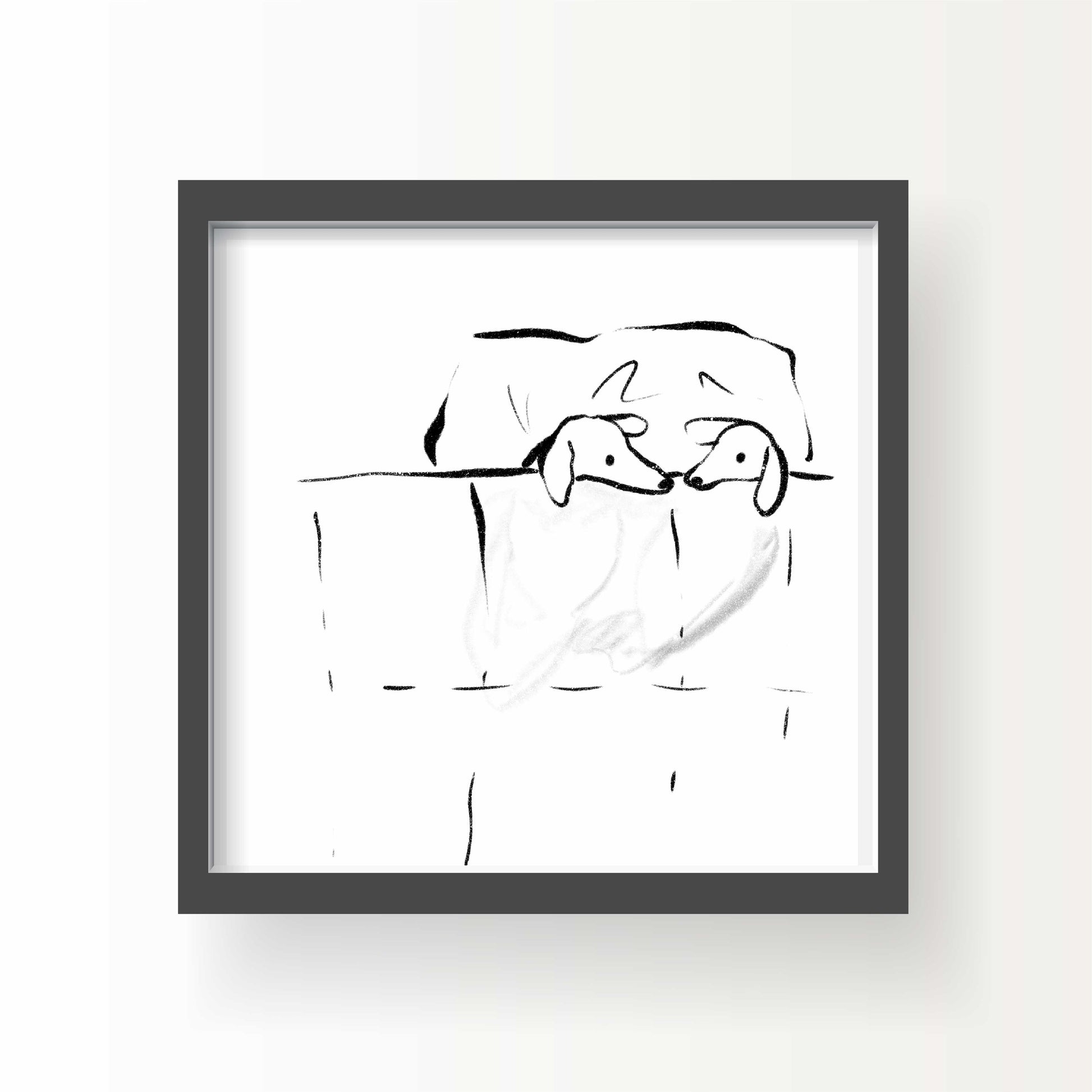 Minimalist black and white illustration of two greyhounds lying under a blanket, peeking over the edge of a bed.