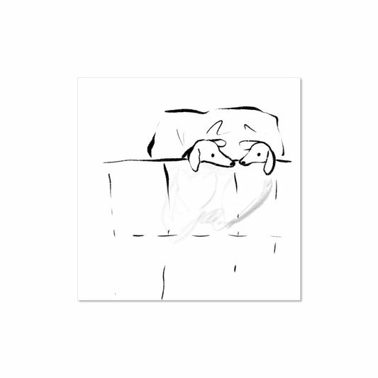 Minimalist black and white illustration of two greyhounds lying under a blanket, peeking over the edge of a bed.